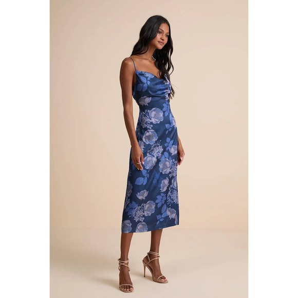 Lulus Favorite Icon Dark Blue Floral Satin Cowl Neck Slip Midi Dress Size XL - Picture 4 of 4